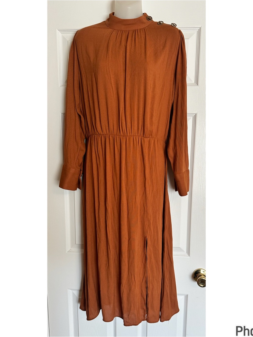 Zara Burnt Orange Long Sleeve Midi Dress with Shoulder Gold Buttons